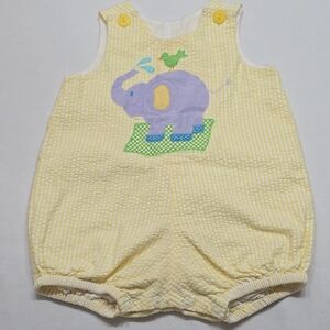 Mulberry S. Yellow seersucker striped Baby bubble Romper with Elephant Design